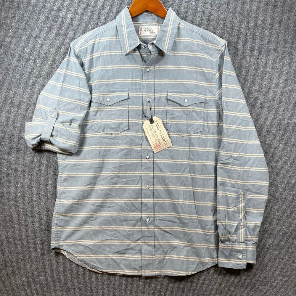 Free Planet Button Up Shirt Men's Large Blue/White Striped Roll Tab Sleeve NWT